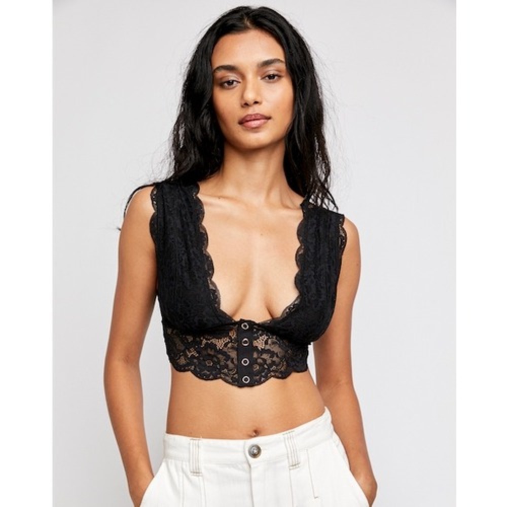 Intimately Free People XS Black Lace Snap Front Deep V Bralette Crop Top Fest